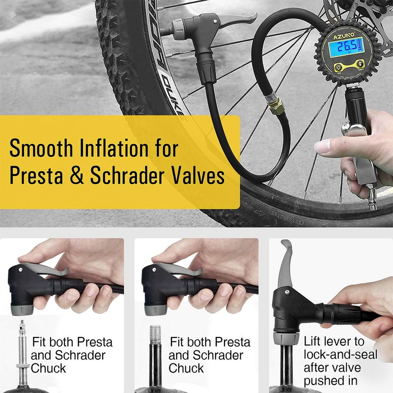 AZUNO Digital Bicycle Tire Inflator Gauge with Auto-Select Valve Type