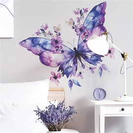 WALLMEI Purple Butterfly Flower Stylish Sticker Removable Wall Sticker Living Room Bedroom Children's Room Wall Sticker Interior DIY Room Decoration