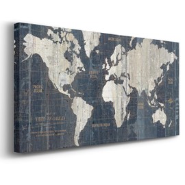 Renditions Gallery Old World Map Canvas Wall Art, Dark Blue & Vintage Gold Antique Map of the World, Colorful, Premium Gallery Wrapped Canvas Decor, Ready to Hang, 24 In H x 48 In W, Made in America