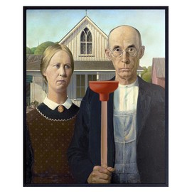 Vintage Humor Bathroom Decor - 11x14 Funny Bathroom Wall Art - American Gothic Plunger Parody, Classic Print for Powder Room, Toilet, Restroom - Farmhouse Home Decorations, Gag Gift for Art Lovers