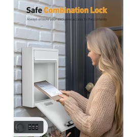 Uniclife Wall Mount Mailbox for Outside, Large Locking Mailbox with Combination Lock, Security Mail Box for House, Safe Key Drop Box, Post Box, Steel Cash Drop Box for Home Office School, White