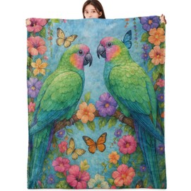 vnlvnl Tropical Parrot Blanket Lightweight Flannel Blankets Gifts for Nature Lovers with Colorful Watercolor Bird Butterfly Floral Printed Throw for Couch Chair Office Bedroom Decor, 60x50inch
