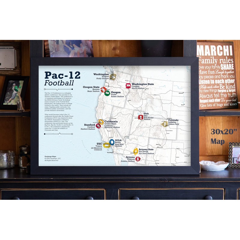 Framed College Football Stadium Map - Features Pac 12 Teams