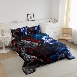 3D Dragon Kids Comforter Set Full Size,Western Dragon Wild Wolf Jungle Animal Hunting Bedding Set,Boys Men Room Decor,Red Blue Lightning Down Comforter,Blue Grey Duvet Insert,2 Pillowcases