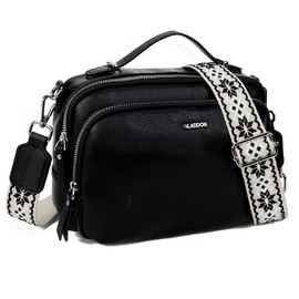 GLITZALL Multi Pockets Crossbody Bags for Women Small Top Handle Purse Satchel and Medium Pocketbooks with Soft Faux Leather, Black Wide Strap