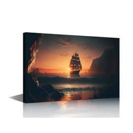 TISHIRON Beach Wall Art for Living Room Sailboat Nautical at Sunset Office Wall Decor Canvas Prints Seascape Modern Artwork for Bedroom Bathroom Framed Ready to Hang, 12x8in