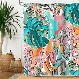 Aperturee Tropical Palm Leaves Shower Curtain Boho Botanical Banana Monstera Pattern Colorful Plants Summer Floral Watercolor Modern Rustic Country Bathtub Decor 12 Plastic Shower Hooks,72x72 Inch