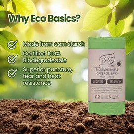 Eco Basics Biodegradable Garbage Bags with Handles – Small, 20 Bags, 12L, 44 x 64cm, Strong & Compostable Corn Starch Bags
