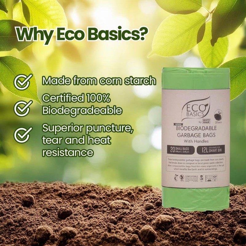 Eco Basics Biodegradable Garbage Bags with Handles – Small, 20