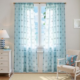 jinchan Blue Sheer Curtains for Living Room Bedroom Coastal Curtains for Beach Cabin Summer Room 84 Inch Long Voile Light Filtering Seashell Starfish Window Treatments Set Rod Pocket 2 Panels