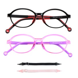 LAMBBAA 2 Pack Kids Blue Light Blocking Glasses, Computer Glasses with Rope, Anti Blurry and Eyestrain, Cut UV400 Anti Glare for Children Age 3-12 (Black Red, Purple)