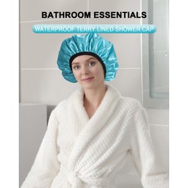 YIZIJIZI Terry Lined Shower Caps, Triple Layer Large Shower Cap for Women, Reusable Shower Caps for Long Thick Hair, Waterproof Washable Soft Bath Shower Caps for Hair Care…