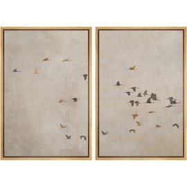 SIGNWIN Framed Canvas Print Wall Art Set Flying Birds Silhouette Minimalist Beige Illustrations Modern Minimal Decorative for Living Room, Bedroom, Office - 24"x36"x2 NATURAL