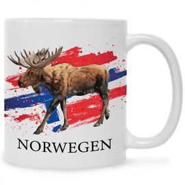 Bedruckte Tasse mit Motiv - Norwegen - Flagge mit Elch - Geschenk für Mama Papa Freunde Geburtstag Valentinstag Weihnachten - für Männer & Frauen - für Sie & Ihn - Farbe: Weiß