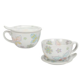 temp-tations by Tara Set of 2 Soup Bowls with Lids and Handles in Colorful All A-Flutter - 22 Oz. Ceramic Stoneware Solo Bowls for Ramen Noodle, Cereal, or Salad, Microwave Soup Cups with Handles