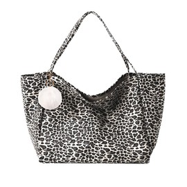 XFSRG Große Leopardentasche Canvas Umhängetasche Damen mit Pompon Anhänger 41×22×37 cm Weiche Schultertasche ohne Futter Innentasche Leichte Tasche Damen (Weiß)