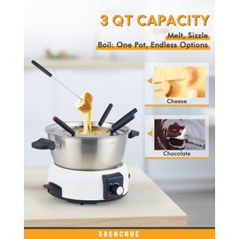 Saenchue Electric Fondue Pot Set for Cheese & Chocolate - 6-Cup Stainless Steel Fondue Pot with 8 Coded Forks - 3 Mode Fondue Set Adjustable Temperature Control for Cheese, Oil and Hotpot, FD-10