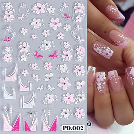 3 Sheets French Tip Nail Decals - Red, Black, Blue, Pink Flower Nail Stickers - 5D Embossed, Self-Adhesive Floral Nail Art Decals for Women & Girls