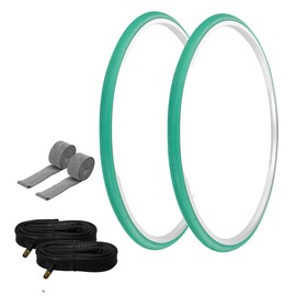 PRO+ Pair of Bike Bicycle TIRE 700 X 25 Green/Green SIDEWALL (2) Tires W/Tubes 33MM Schrader Valve, Rim Strips P-1035