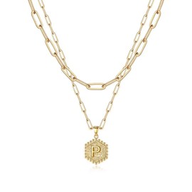 Initial P Layered Necklaces for Women Girls Gold Plated Paperclip Chain Necklace