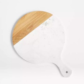 Artisan Marble and Wood Cutting Board with Handle – Perfect for Kitchen Prep, Serving, and Easy Cleaning – Round White and Brown Design.