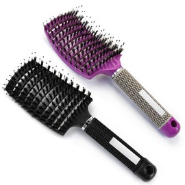Pack of 2 Hair Brushes (Black and Purple), Boar Bristle Hair Brush, Hair Brush Without Pulling, Can Distribute Hair Oil, Smooths Frizz, Breathable and Speed Up Drying