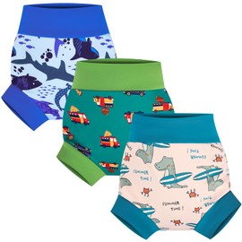 FLYISH DIRECT Reusable Swim Nappies, Baby Swimming Nappies for Boys and Girls, 3 Packs Reusable Swim Nappy 4-5 Years, Green Dino