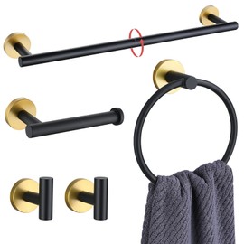 Lairuier Black and Gold Bathroom Hardware Accessories Set, 5 Pieces Towel Bar Set Stainless Wall Mounted Adjustable Towel Bar Set