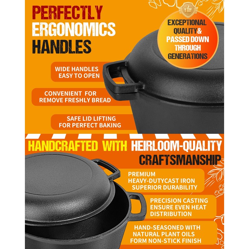 Cast Iron Dutch Oven for Sourdough Bread Baking, Pre-Seasoned 5QT