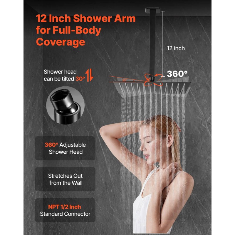 12 Inch Square Rain Shower Head Handheld Spray Ceiling Mount