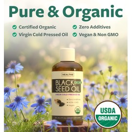 USDA Organic Black Seed Oil Liquid (16 fl oz) Premium Cold-Pressed Nigella Sativa Producing Pure Black Cumin Seed Oil - Antioxidant Supplement - Vegan, Gluten-Free, & Non-GMO (No Pills or Capsules)
