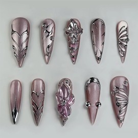 BABALAL Punk Press on Fake Nails Long Stiletto Pink Ombre Bling Acrylic Glue ons Sliver Chrome 3d Texture Butterfly Handmade Design Y2k Goth Nails with Charm 24Pcs Glossy Full Cover