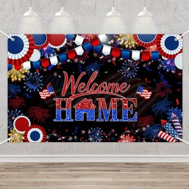 MEHOFOND 4th of July Welcome Home Banner Patriotic Military Army Welcome Back Photo Backdrop Independence Day Theme Deployment Returning Back Photo Booth Props 5.9x3.6ft