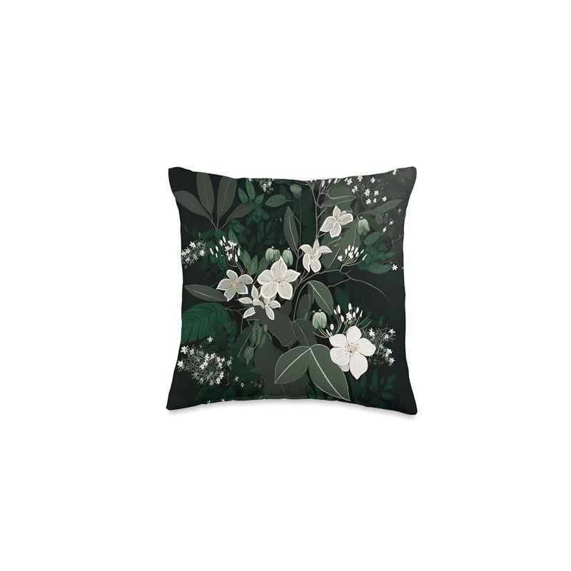 Dark Botanical Elegance – White Florals & Greenery Throw Pillow