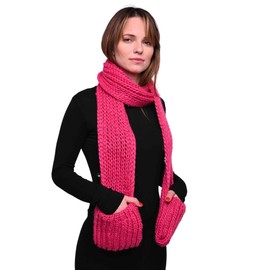Basic Sense Knitted Winter Scarf with Pockets, Warm Chunky Knit Scarves, Fuchsia Pink