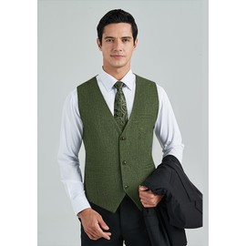 HISDERN Mens Green Waistcoat Classic Formal V Neck Plain Waistcoats for Men Wedding Party Cotton Suit Vest with Pockets XL