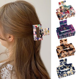 Pack of 4 Hair Clips, Medium Hair Clip, Square, Non-Slip Claw Clip, Fashionable Leopard Hair Clip, Suitable for Women and Girls (Marble)