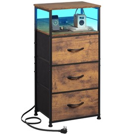 WLIVE Nightstand with Charging Station, LED Night Stand with 3 Fabric Drawers and Storage Shelf, 31.93" H Bedside Table with USB Ports and Outlets for Bedroom, Rustic Brown