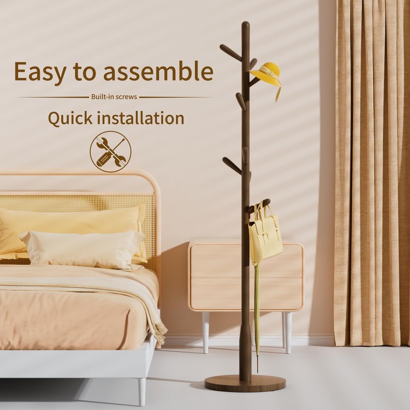 Solid Wood Round Base Coat Rack, Free Standing Hall Coat