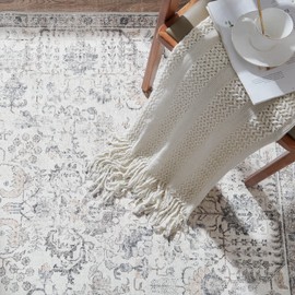 TOPICK Doormat 60x90cm Entryway Area Rug Boho Vintage Foldable Thin Rug Chenille Grey Floral Print Traditional Oriental Coloured Carpet Anti Slip Low Pile Easy Care Rug Kitchen Bathroom Dining Room