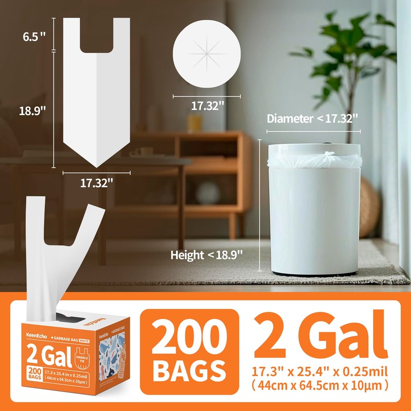 Small Trash Bags with Handles 2 Gallon 200 Count White