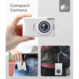 Lenspop 64 MP Digital Compact Camera with Flash, Digital Camera 8MP Sensor with Auto Focus Lens, Fixed - F/3.2 f=7.36mm, 18X Digital Zoom MP3 player 64MP Compact Digital Camera, 128 GB Memory Card