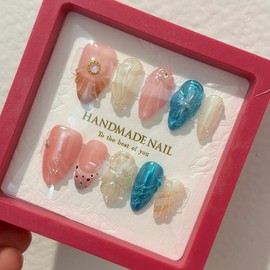 Flowers Shell Pattern Almond Nails Summer Fake Nails Acrylic Fake Nails Handmade Nails Reuse Fake Nails Pink Blue Nails - Color: S
