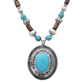 Rosemarie & Jubalee Women’s Cowgirl Chic Western Style Wooden Bead Turquoise Howlite Concho Pendant Necklace, 20"+3" Extender