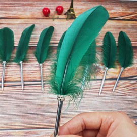 Feather Ballpoint Pen ，Black Ink Vintage Feather Quill Refined Plated Rod Quill Ballpoint Pen For School Writing Wedding Gift Signature Pen (Green)