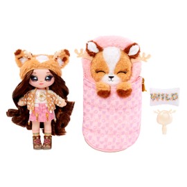 Na! Na! Na! Surprise Camping Series - Myra Woods - Soft Plush Doll in Deer Look with Brown Hair and Cuddly Animal Sleeping Bag - Outfit, Pillow and Brush - Collectable - For Children from 5 Years