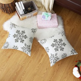 sykting Neutral White Christmas Pillow Covers 20x20 Inch Soft Cotton Canvas Raised Embroidered Christmas Snowflake Pillow Covers Decorative for Winter Holiday Pack of 2