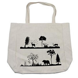 Lunarable Cabin Shopping Bag, Monochrome Landscape Wildlife Theme Natural Habitat with Animal Silhouettes, Eco-Friendly Reusable Bag for Groceries Beach and More, 15.5" X 14.5", Cream