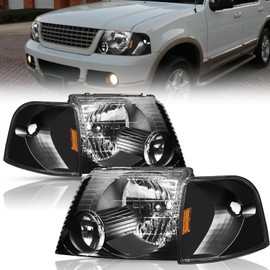 TUSDAR Headlight Assembly Compatible with 2002-2005 Ford Explorer Headlamp w/Corner Lights 4pcs Driver & Passenger Side, Black Housing with Amber Reflector