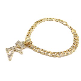 CBC Crown Rhinestone Studded Crown Initial Alphabet Letter Pendant Necklace in 24" Rhinestone Miami Cuban Chain Necklace in Gold Silver Tone (Gold - K)